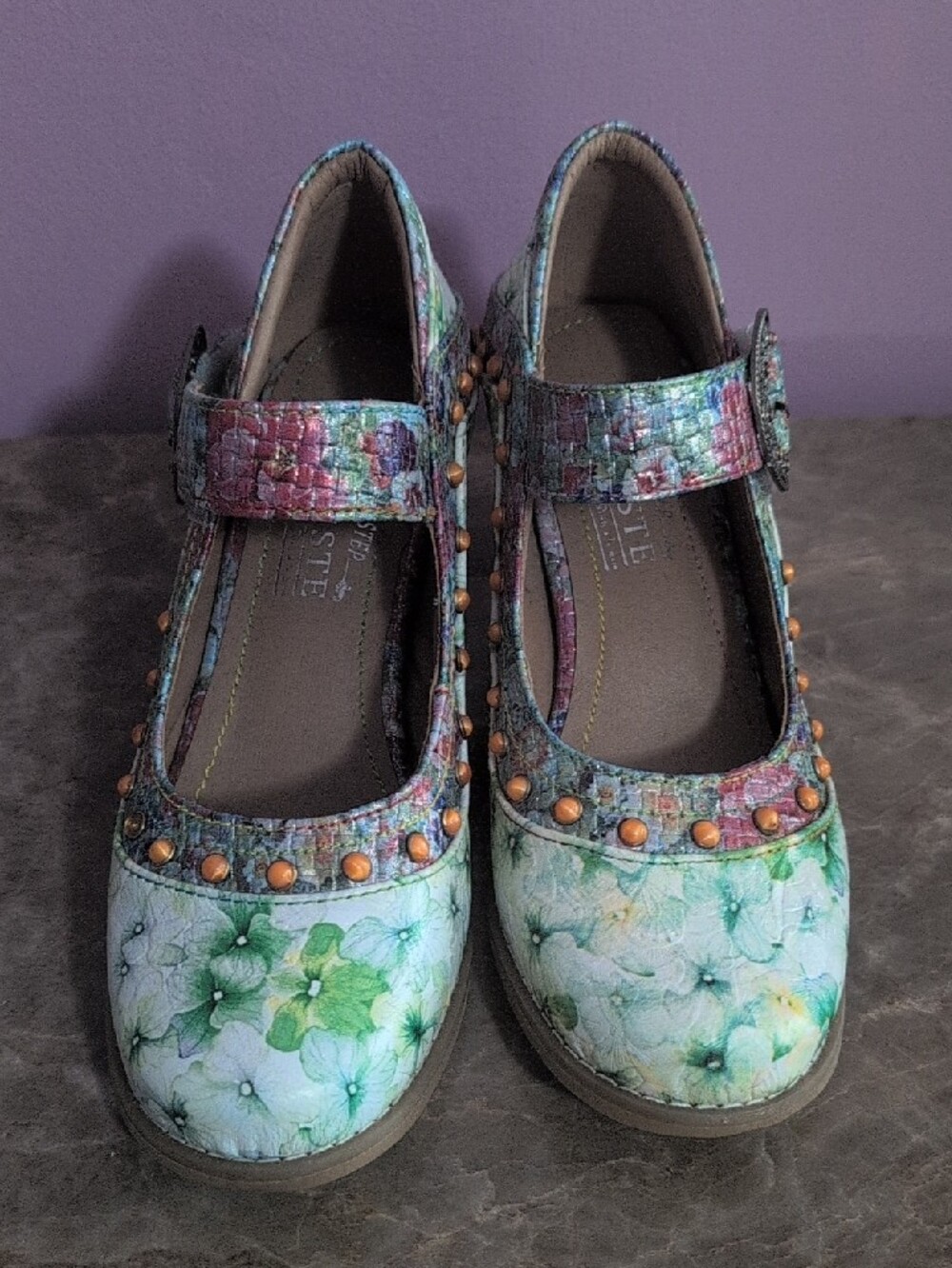 Floral Multi-Tone Mary Jane Heels with Decorative Buckle - Picture 2 of 7